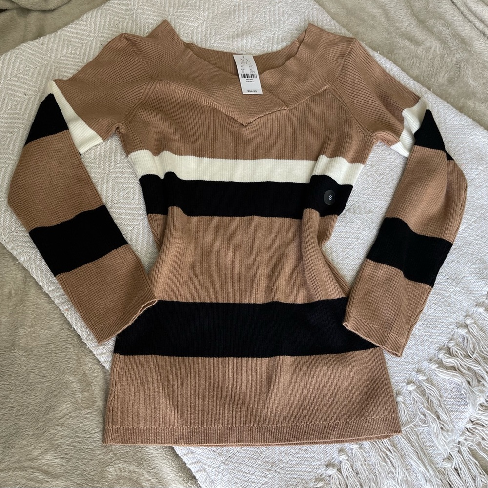 NWT New York and Company Small Boat Neck Ribbed Shirt Brown White Black Stripped